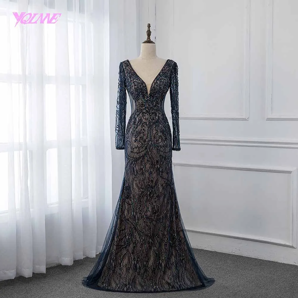 YQLNNE, элегантное темно-синее вечернее платье с длинным рукавом, кружевное, с кристаллами, платье русалки, пышные платья, Robe de Soiree