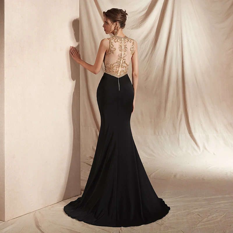 Черные вечерние платья с бисером Forevergracedress 2019 без рукавов разрезом и юбкой годе