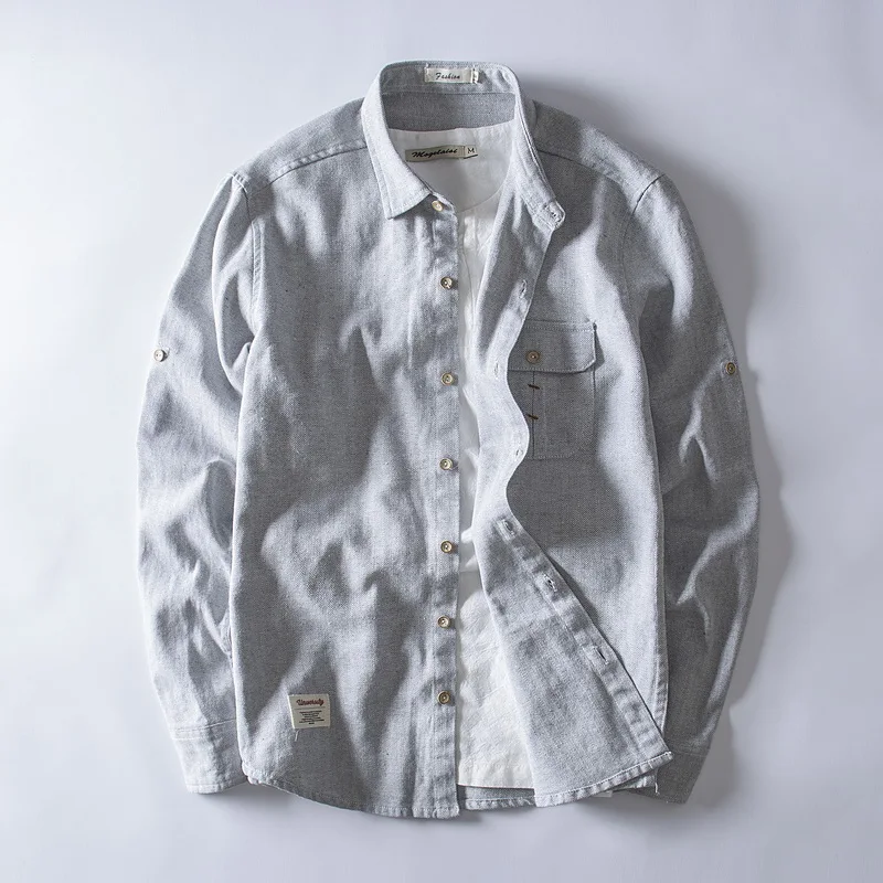 

2018 New arrival long sleeve linen shirts men brand fashion casual men shirt solid light gray shirt male 4XL flax tops chemise