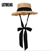 wholesale star parent child panama hats for women wide large brim beach sun hats with fashion long belt visor hat raffia straw