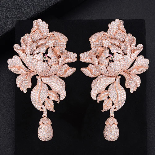 Rose Gold GODK 76 мм Роскошные цветы пиона кубического циркония женские эффектные длинные Подвесные серьги Свадебная вечеринка ювелирные изделия с бахромой подарок - Окраска металла: Rose Gold