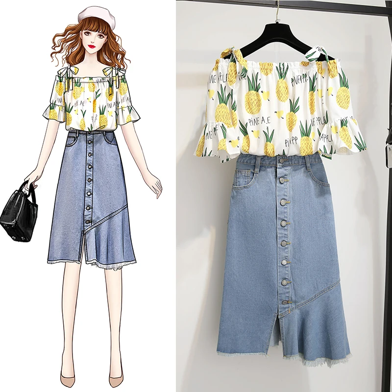 Fashion Summer Women Denim Skirt Set Pineapple Print Off Shoulder Tshirt + Midi Ruffles Jeans Suits Woman Two Piece | Женская одежда