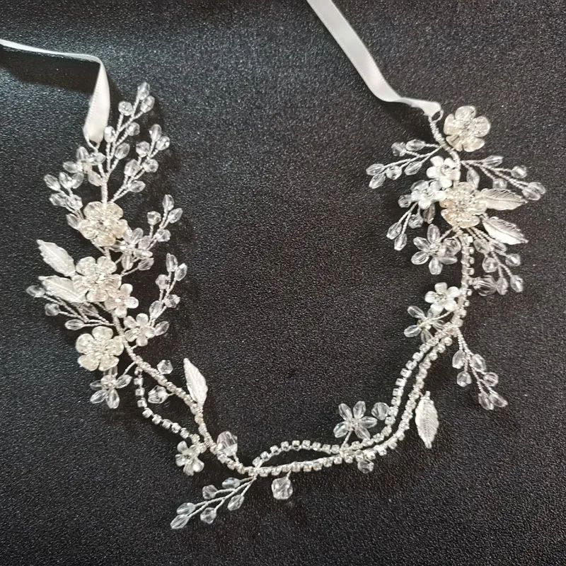 SLBRIDAL ручной работы Серебряный Цвет Кристалл Стразы цветочный лист Свадебные