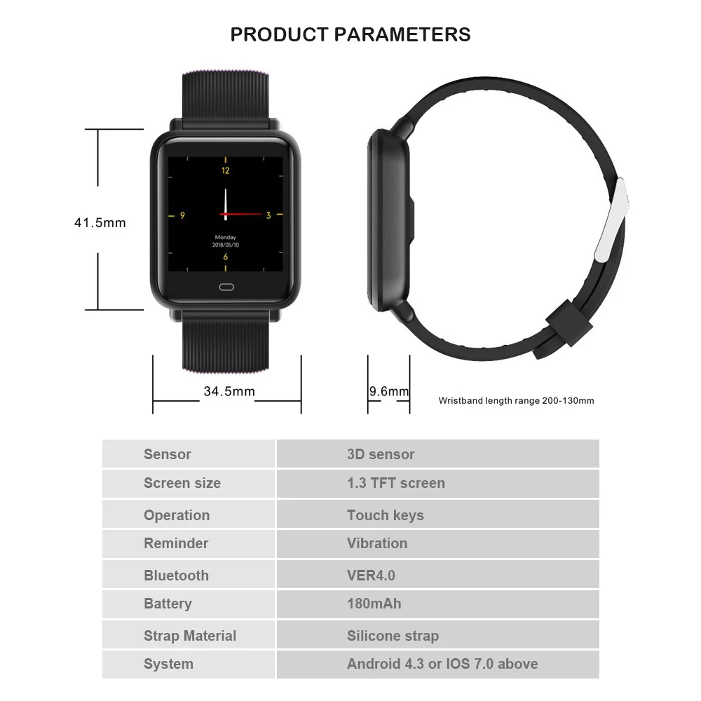 

Q9 IP67 Waterproof Blood Pressure Monitor Color Screen Sport Fitness Bracelet Smart Wristband Watch for IOS Phone pk mi 3 band