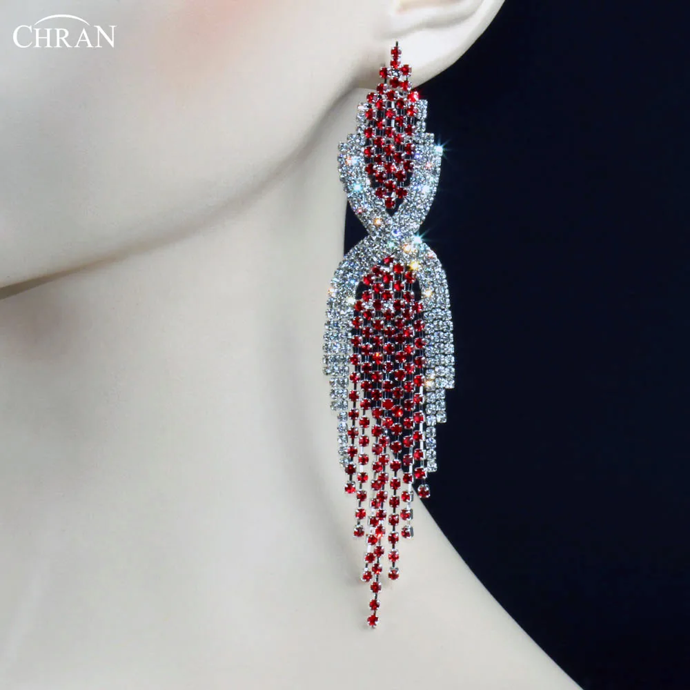

CHRAN Classic Silver Plated Red Rhinestone Dangle Tassel Big Drop Earrings Long for Women Fanshion Brand Crystal Wedding Jewelry