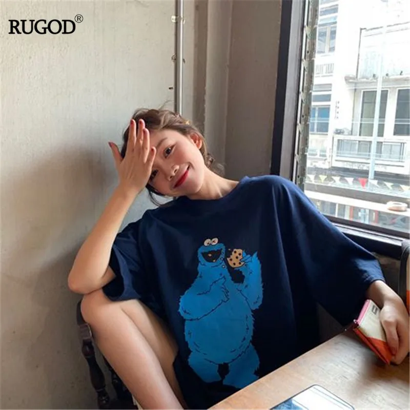 RUGOD Корея Лето Женщины o-образным вырезом лягушка печати Свободные повседневные женские футболки пуловер консервативный Стиль Хлопок топы