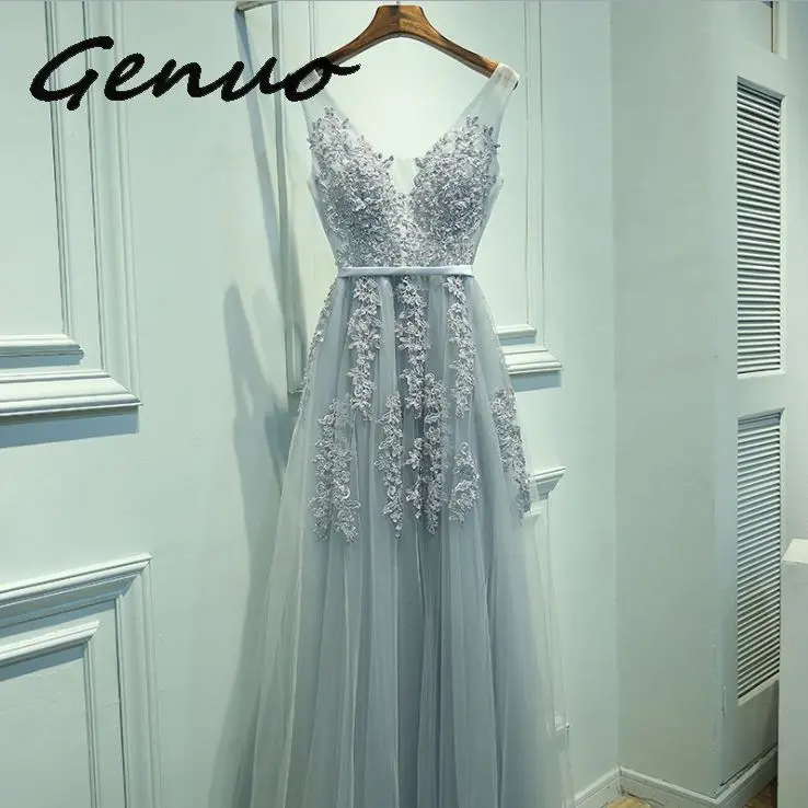 Genuo Новое сексуальное платье с v-образным вырезом Robe De Soiree Высокое качество Серый Тюль с аппликацией платья настоящая фотография vestido de festa