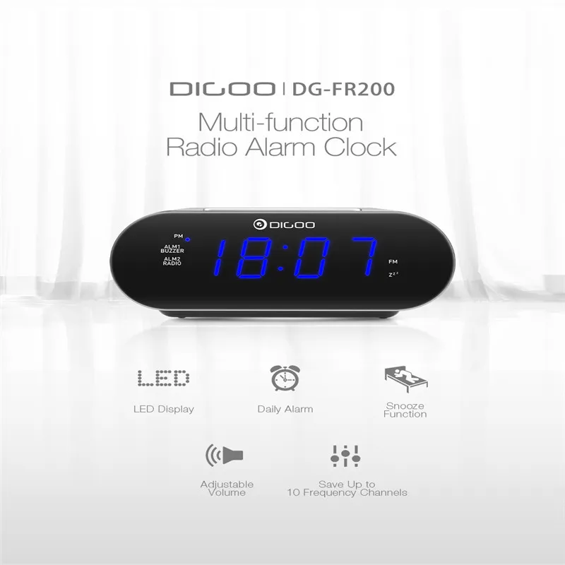 DIGOO DG-FR200, умный светодиодный Будильник с цифровым дисплеем, с fm-радио, регулируемая громкость, двойной будильник на каждый день