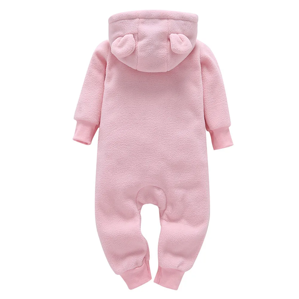 Милая зимняя одежда для малышей толстый розовый комбинезон с капюшоном и принтом