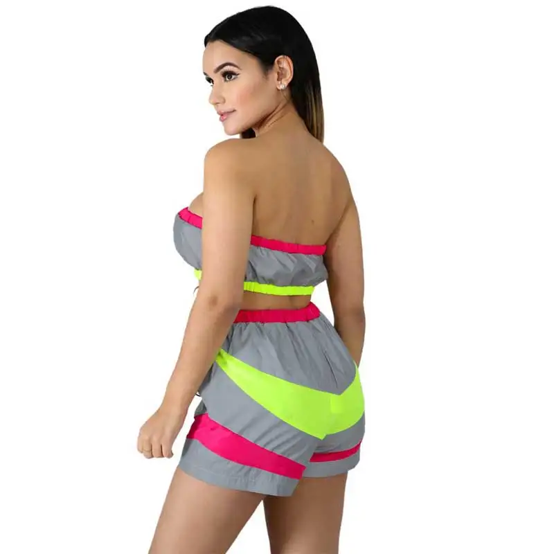 Contrast Color Fashion Woman Two Pieces Suit Hot Sexy Off Shoulder Strapless Crop Top Mini Short Pants Windbreaker Style | Женская