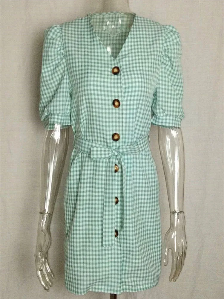 Летнее женское Бандажное платье с коротким рукавом фонариком и v образным