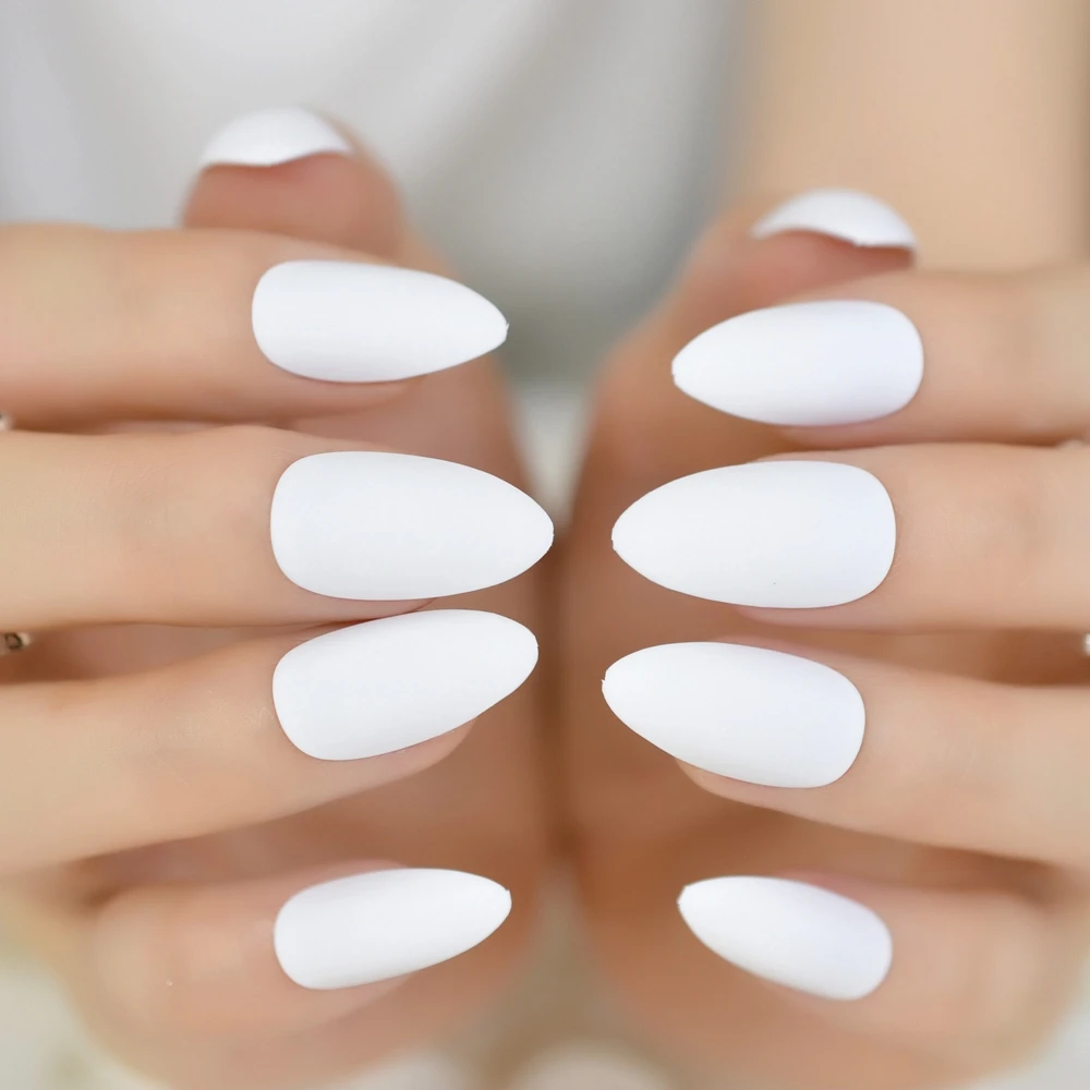 

Matte Solid Pure White Stiletto Fake Nails Almond Pointed Press on Oval Lilywhite Frosted False Nail Full Cover Faux Ongles