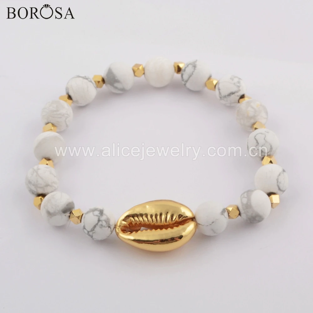 

BOROSA 6PCS Full Handmade 7inch Natural Cowrie Shell with 8mm Natural Stone Beaded Bracelet Bohemian Women Bracelets HD0072