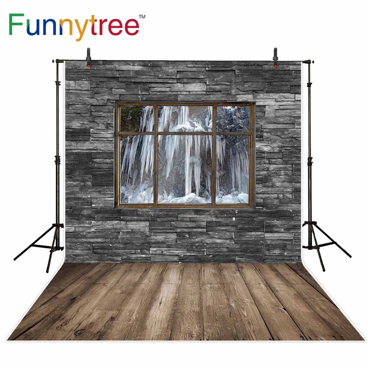 

Фон Funnytree для фотостудии, темно-серый кирпич, окно, снежинка, мороз, зима, коричневый деревянный пол