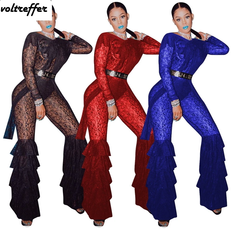 2019 Spring V Neck Lace Jumpsuits For Women Ruffles Bell Bottom Pants Crochet Sheer Backless Rompers Sexy Lantern Mono Mujer | Женская