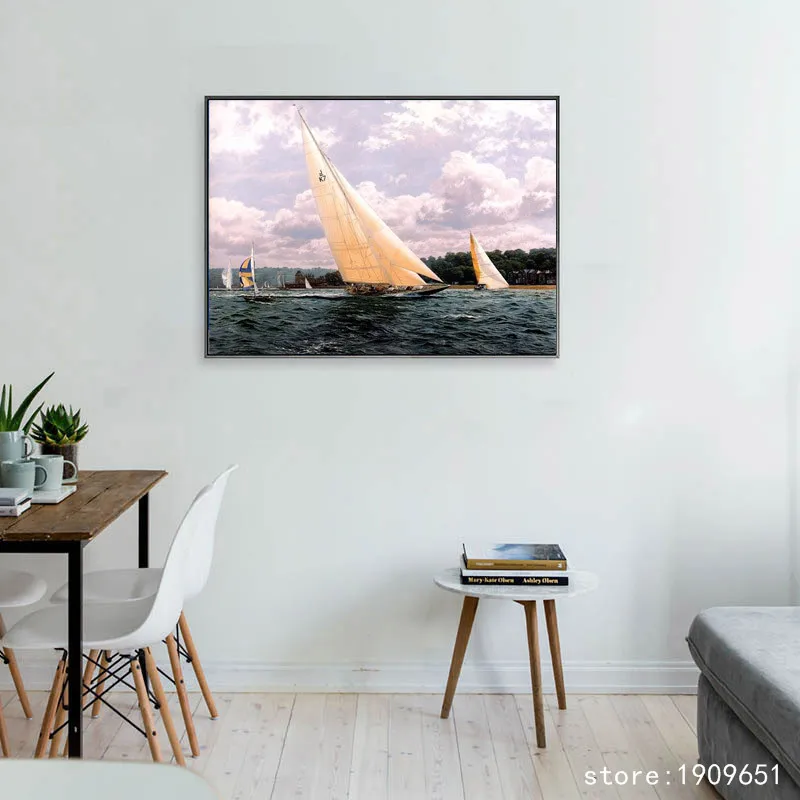 Хлопковая классическая белая Парусная картина без рамки на синем море Печать