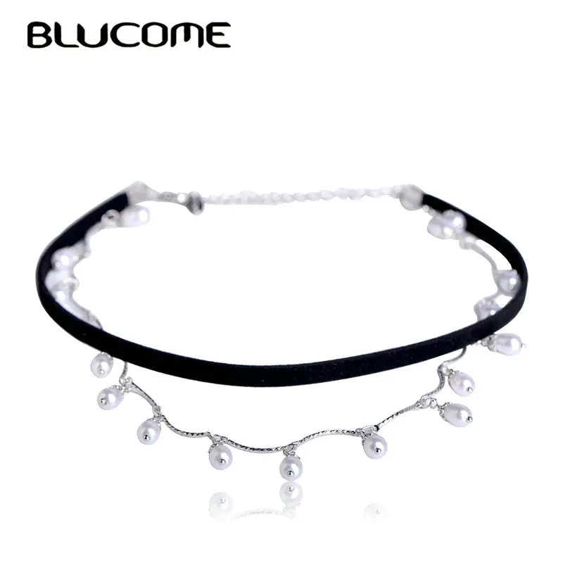 Женское колье с подвеской Blucome Черное Кожаное из искусственного жемчуга и меди