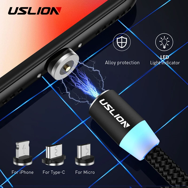 USLION Быстрая зарядка Магнитный кабель 2 м Micro usb type C зарядное устройство для iPhone XS X