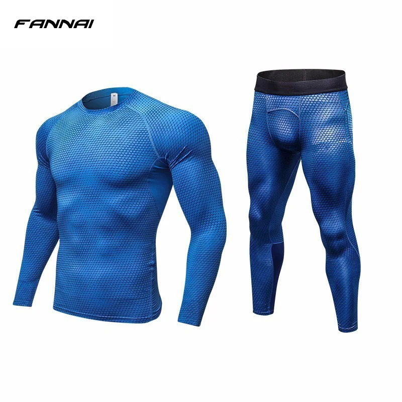 Blue Long Sleeve Мужской Быстросохнущий компрессионный костюм комплект для бега фитнес-плотно футболка леггинсы шорты спортивный костюм спортивная мужская спортивная одежда - Цвет: Blue Long Sleeve