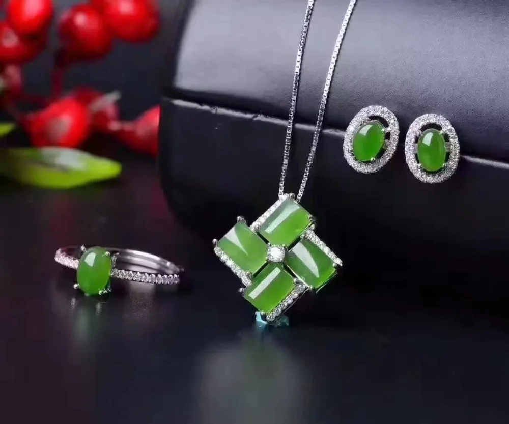 LANZYO 925 sterling silver natuarl green Jasper Jewelry Sets Fine Jewelry Ring Necklace Pendant Earring Women Bridal tz006agby