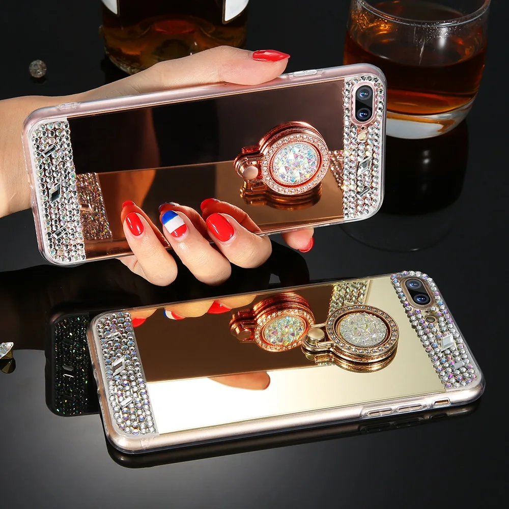 KISSCASE металлизированный зеркальный чехол для iPhone X 7 8 6 6S Plus роскошное кольцо на