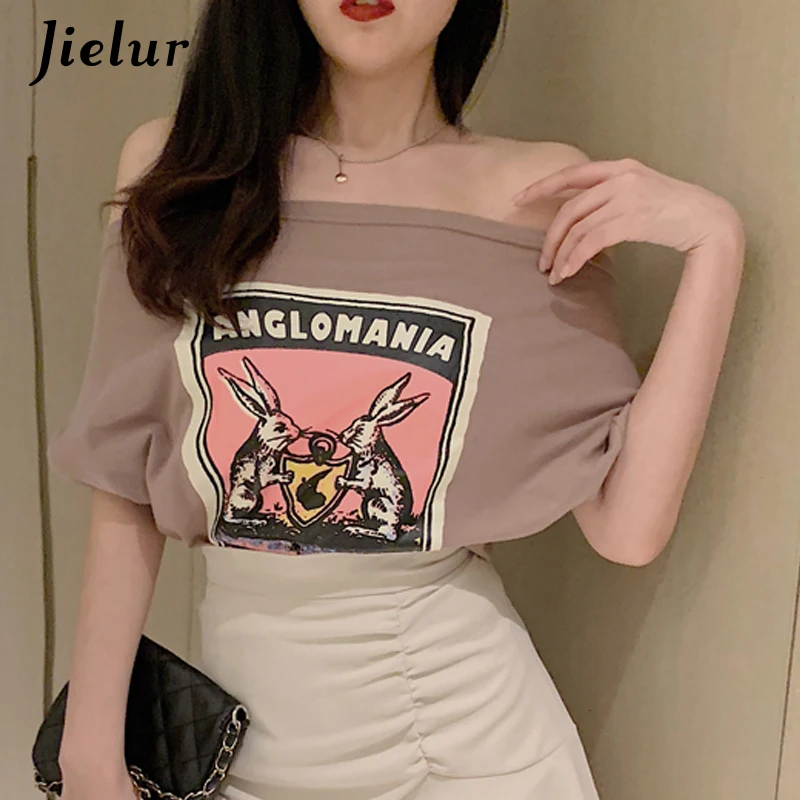 Jielur милые женские футболки с принтом из мультфильмов футболка вырезом лодочкой