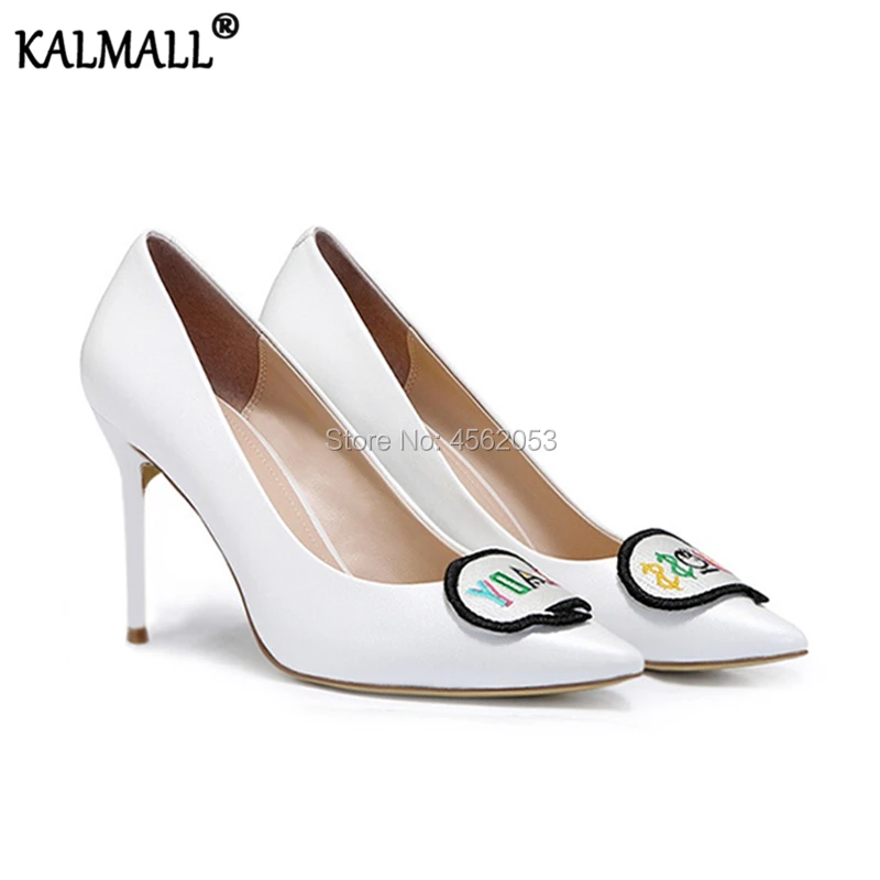 Женские туфли лодочки с вышивкой KALMALL BOSS черные белые розовые кожаные для