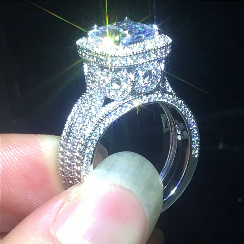 

Vintage Flower ring sets Silver color AAAAA Cz Stone Statement Engagement wedding band rings for women Party Jewelry Gift
