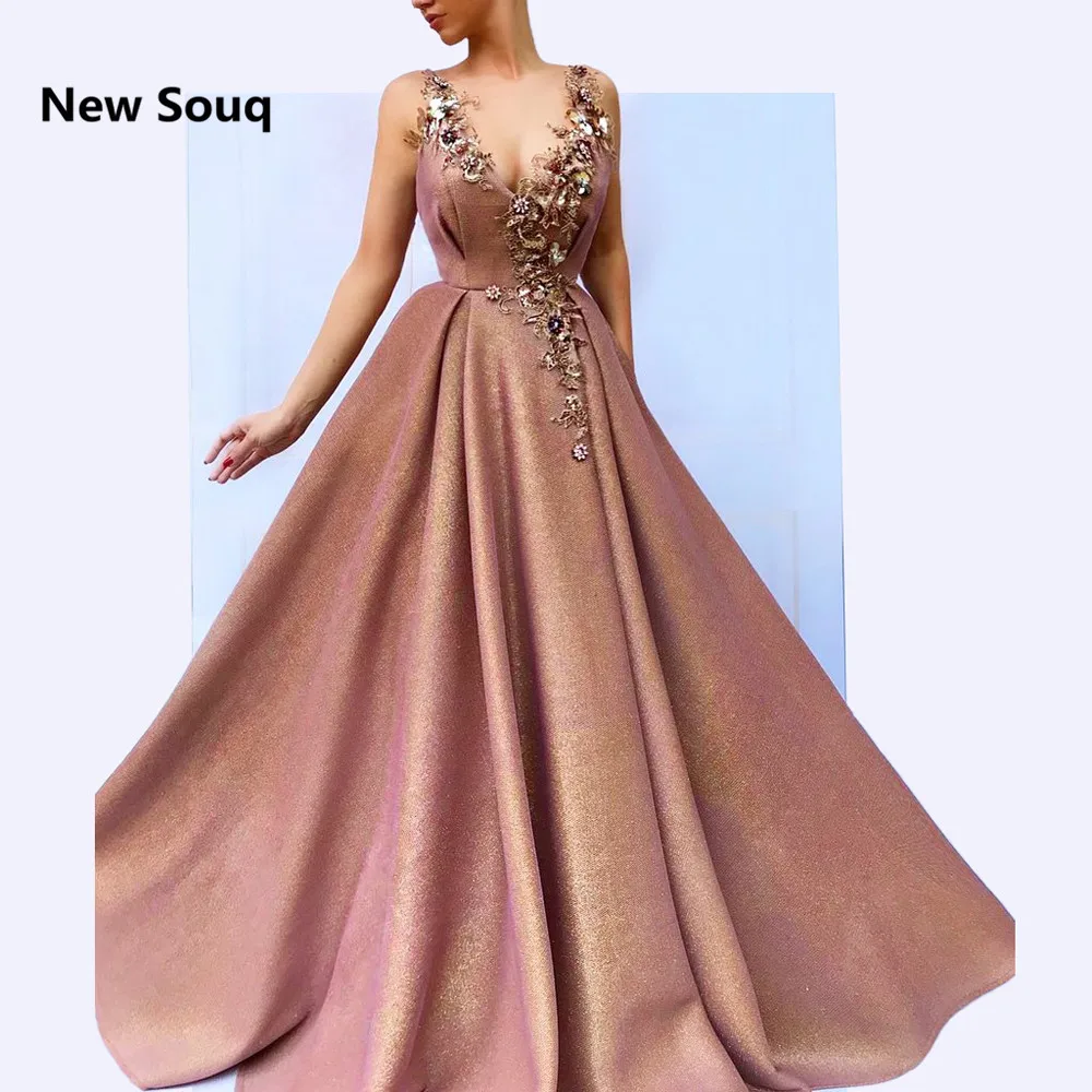 Blush Pink A-Line Evening Dresses Rhinestone Appliqued V-neck Sweep Train Gowns 2019 Middle East Prom Dress | Свадьбы и торжества