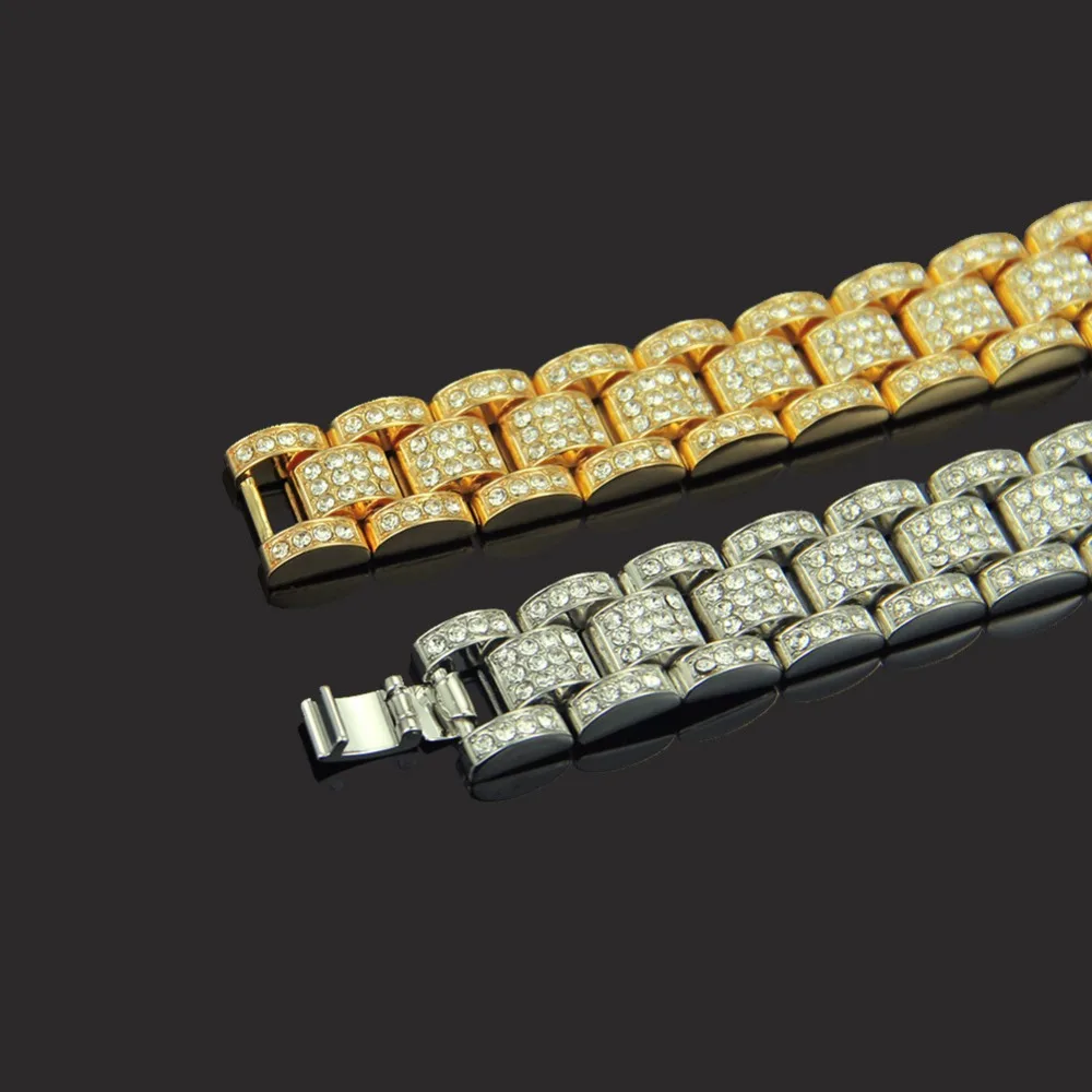 Хип хоп Полный AAA CZ камень инкрустированный Bling Iced Out раппер браслет золотой серебряный цвет часы группа звено цепи браслеты для мужчин ювелирные изделия