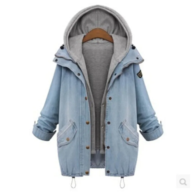 

2018 Autumn Winter Europe Plus Size New Women's Loose Hooded Jean Jacket Slim Thin 2-piece Set Denim Jacket Women Coat 6XL D380