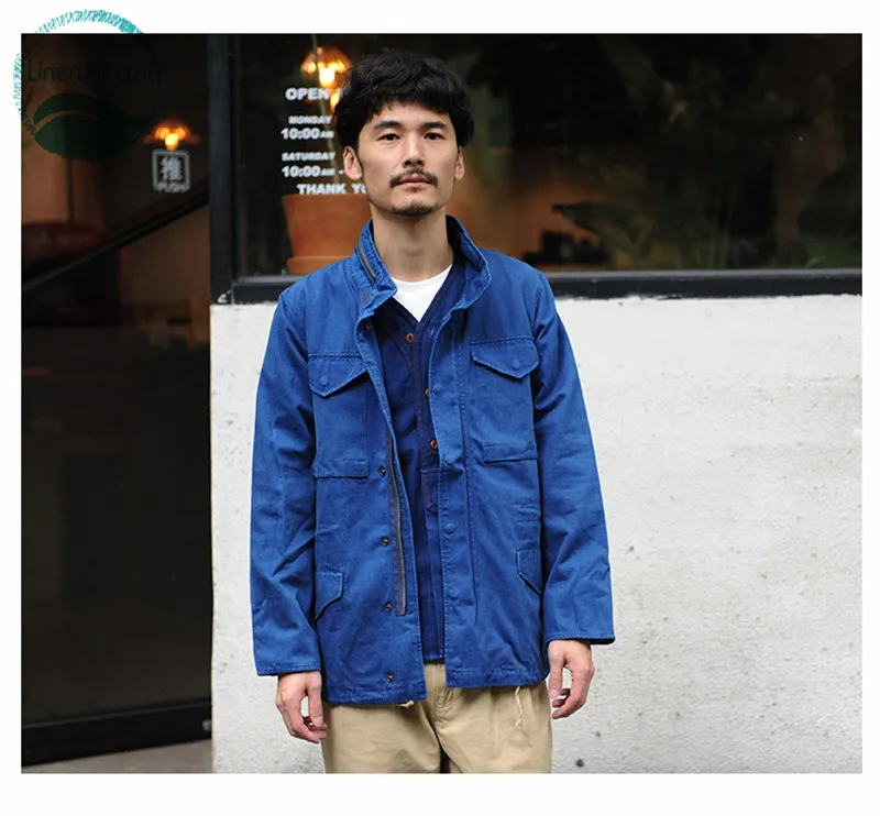 LinenAll мужская синяя окрашенная капюшон Индиго кардиган для бейсбола рубашка