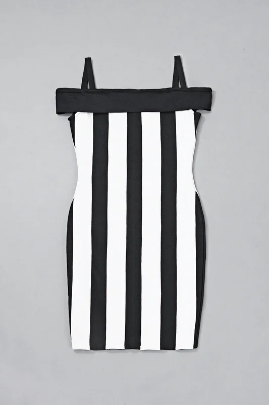 Celebrity Black White Slash Neck Vertical Striped Rayon Bandage Dress Club Party | Женская одежда