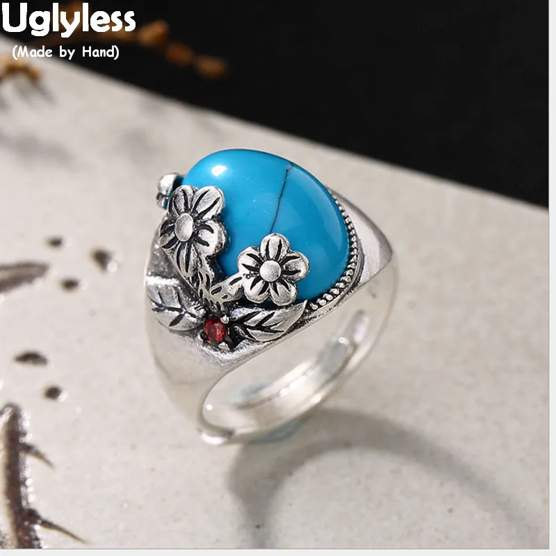 

Uglyless Real 990 Fine Silver Nature Turquoise Women Luxury Dress Open Rings Retro Handmade Plum Flower Ring Leaf Bohemia Bijoux