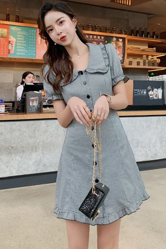 2019 New Summer Korean Brief Plaid Dress Chic Peter Pan Collar Casual Fashion Elegant Single Breasted Dresses | Женская одежда