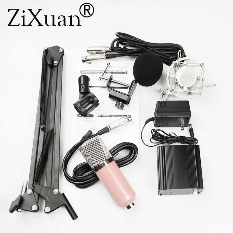 Condenser Microphone Kit Black 48V Phantom Power Supply XLR Cable for Home Studio Recording Boom Scissor Arm Stand | Электроника