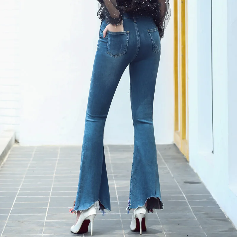 Распродажа женские рваные джинсы модные расклешенные для женщин джинсовые брюки