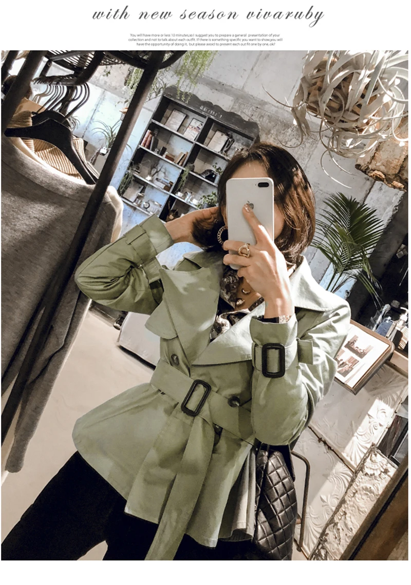 Корейский стиль, элегантный Женский Тренч, OL, зубчатый вырез, женский короткий Тренч, модный пояс, двубортная Женская одежда