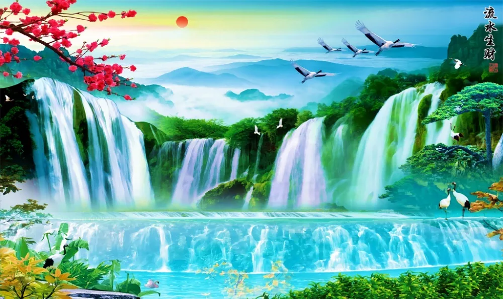 Занавески под заказ 3d занавески с изображением водопада цветов зеленые синие для