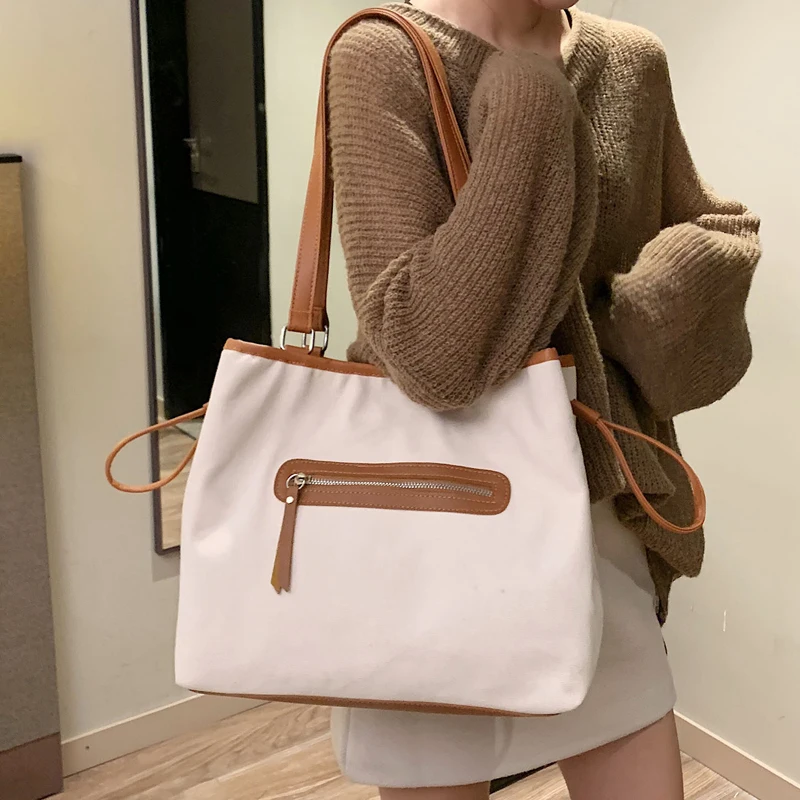 Женская Холщовая Сумка тоут сумка на плечо с большими карманами школьные книжки