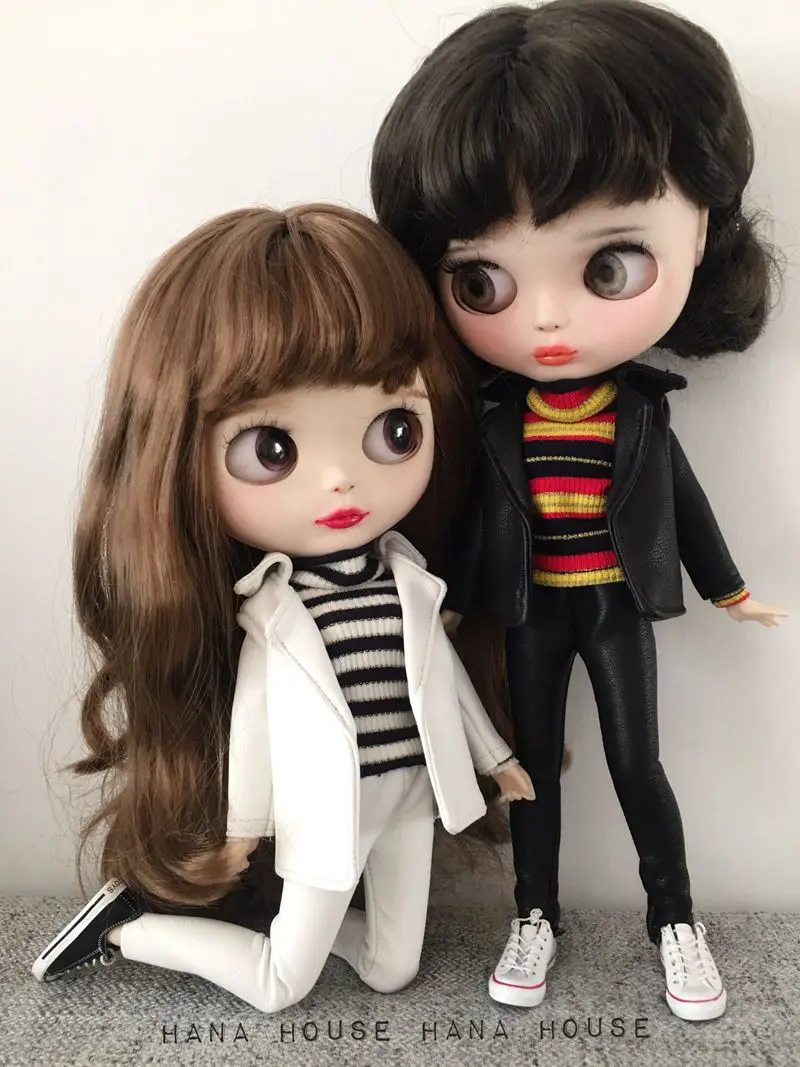 Модная белая черная Одежда для кукол Blyth кожаное пальто полосатая рубашка брюки