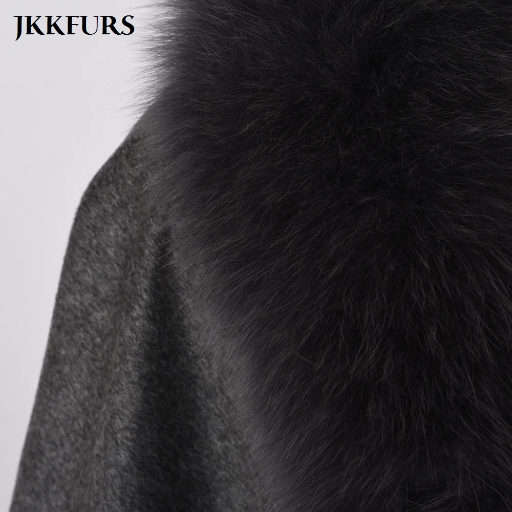 

Women's Fashion Long Cashmere Poncho Genuine Fox Fur Collar Trim & Cape Wool Jacket Autumn Winter Warm Real Fur Coat S7356