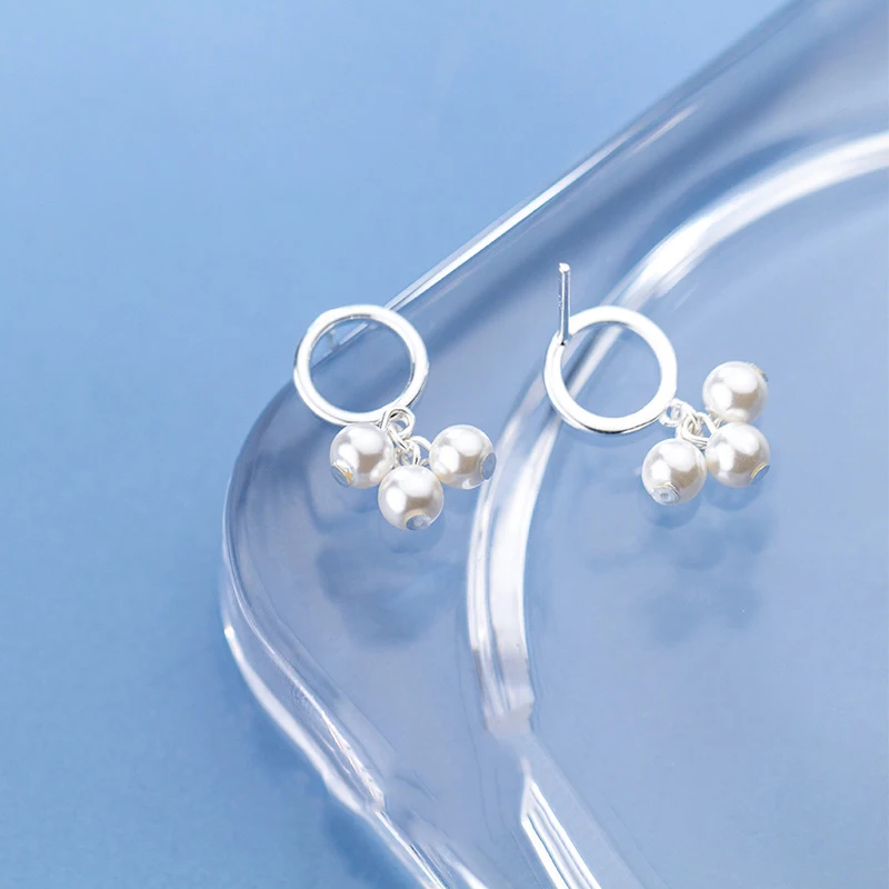 Korea 925 Sterling Silver Round Simulated Pearl Statement Geometric Fashion Drop Earrings For Women Bride Wedding Jewelry Brinco | Украшения