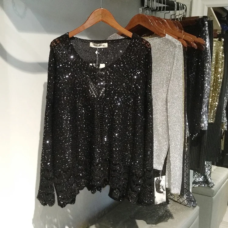 Женский трикотажный пуловер с люрексом Cakucool тонкий джемпер длинным рукавом и