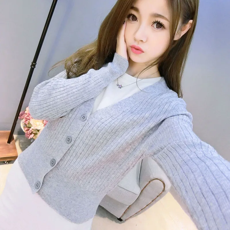 Женский кардиган вязаный свитер однотонный эластичный с V образным вырезом и