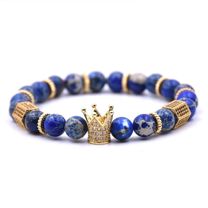 Kanghua Bracelets Brand Trendy Imperial Crown Charm Men bracelets Natural Stone Beads Women Jewelry Pulseras Mujer CZ Paved | Украшения и