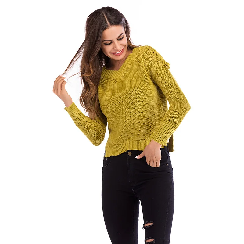 Женское трикотажное платье-свитер со шнуровкой Свободный пуловер с v-образным