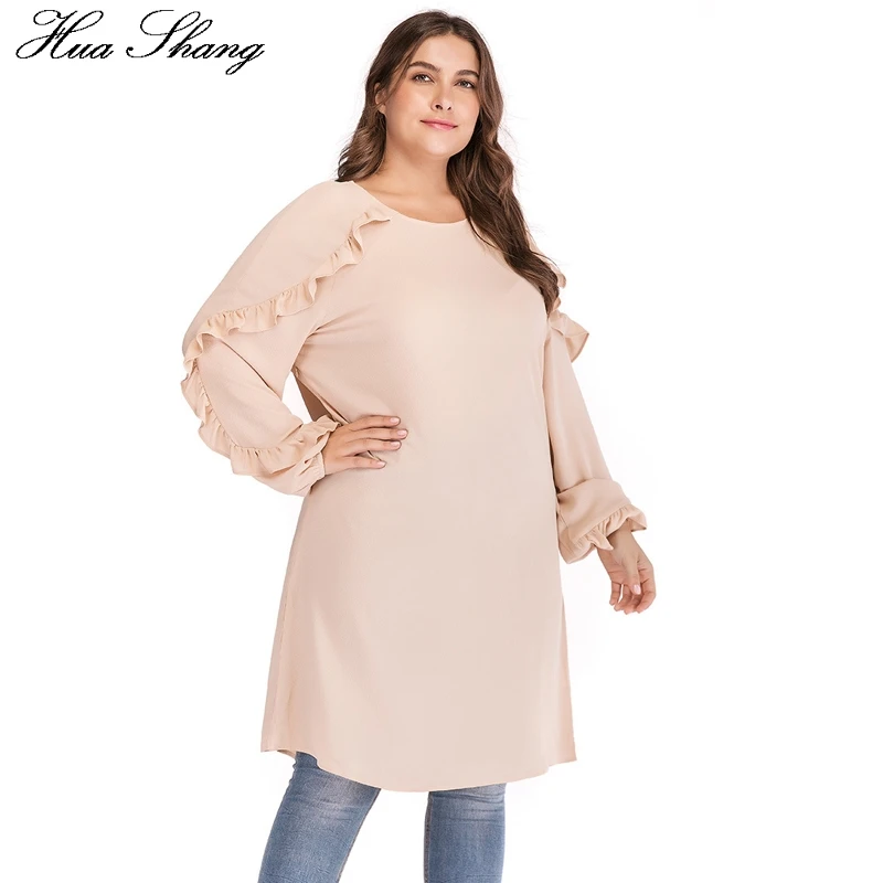 4XL 5XL размера плюс женские топы осень зима О-образный вырез длинный рукав оборки блузка рубашка свободный большой размер Женская Туника Топы