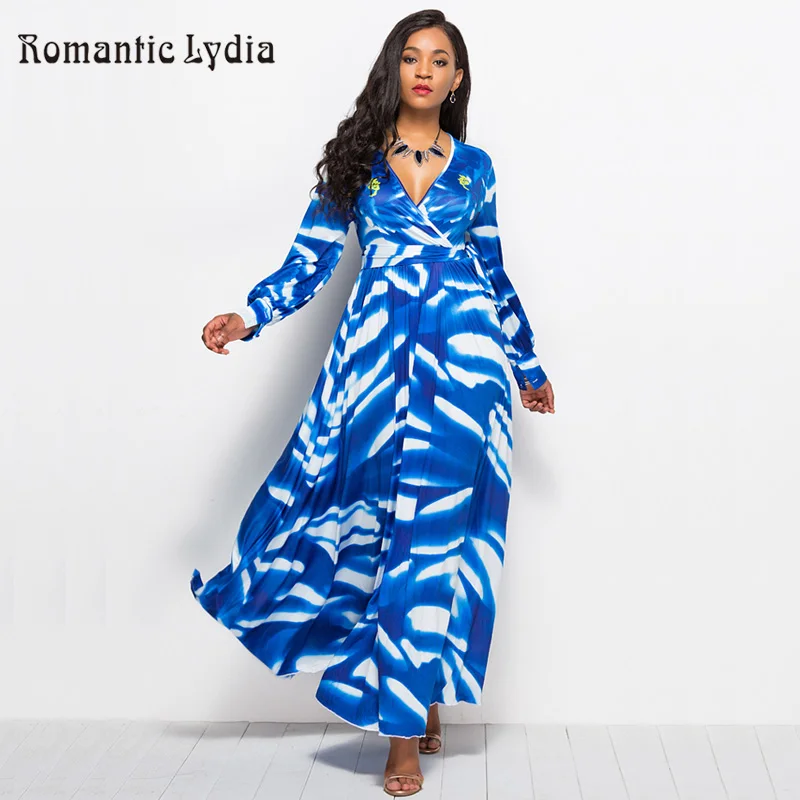 

Floral V Neck Maxi Dress 2018 Autumn Women Blue Dresses Long Sleeve Ankle-Length Vintage Party Dresses