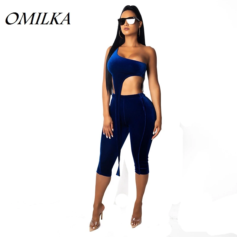 

Бархатный женский комплект из двух предметов OMILKA, укороченный Топ без бретелек и брюки длиной до колен, сексуальные синие, зеленые, красные ...